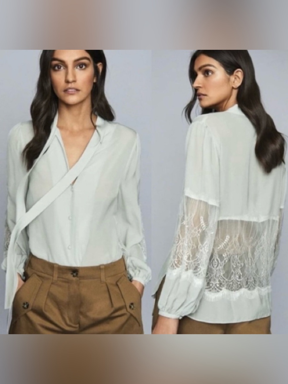 Reiss Liza Lace Panel Tie Neck Semi Sheer Blouse Blue Gray Size 6
